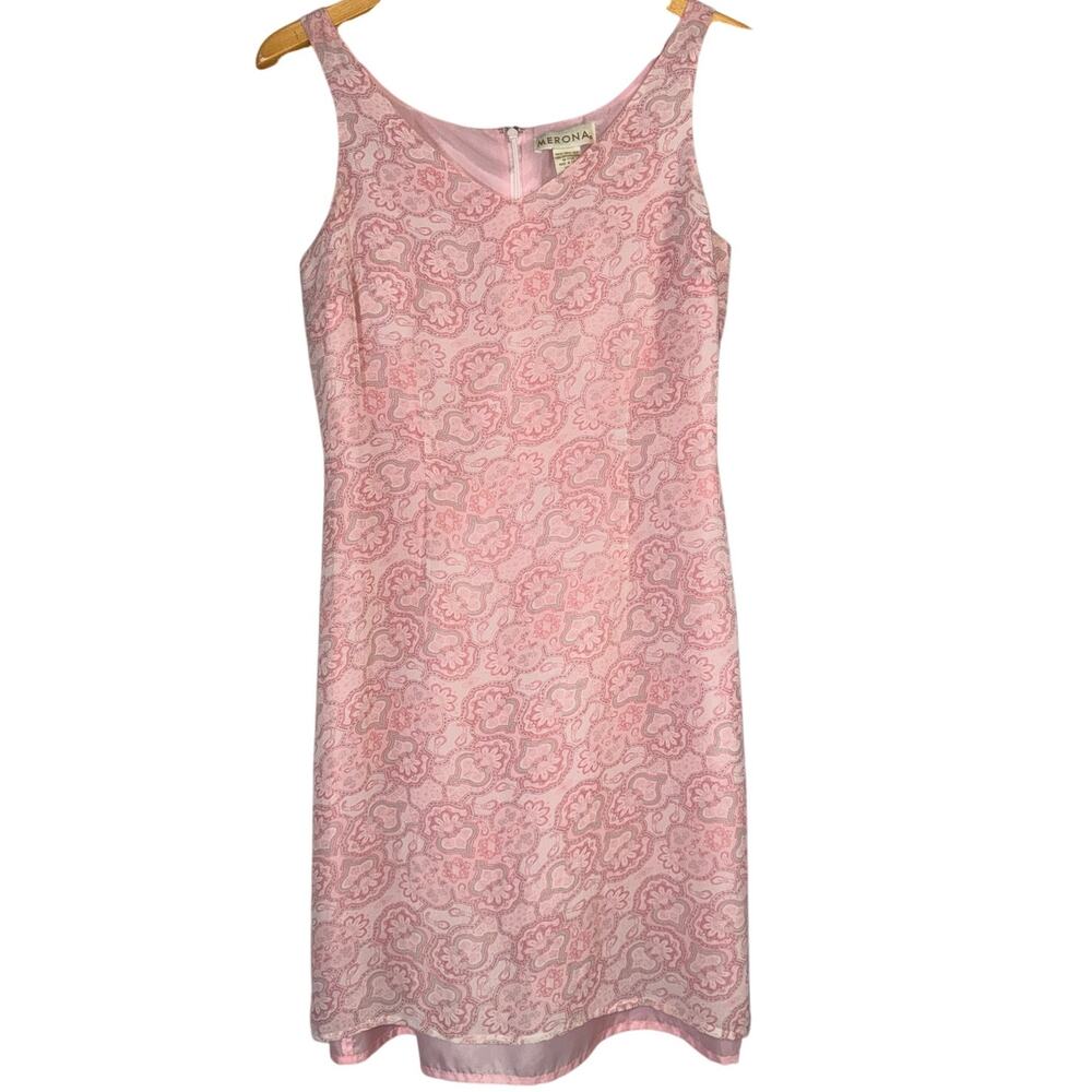 Y2K 100% Silk Sheath Dress Womens 8 Paisley Powder Pink Pastel Mini Sleeveless